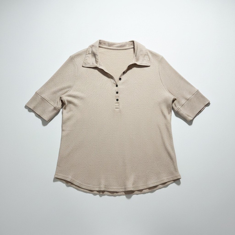 Jane + Delancey XL Beige Ribbed Henley Polo Top Womens Casual Cozy Short Sleeve